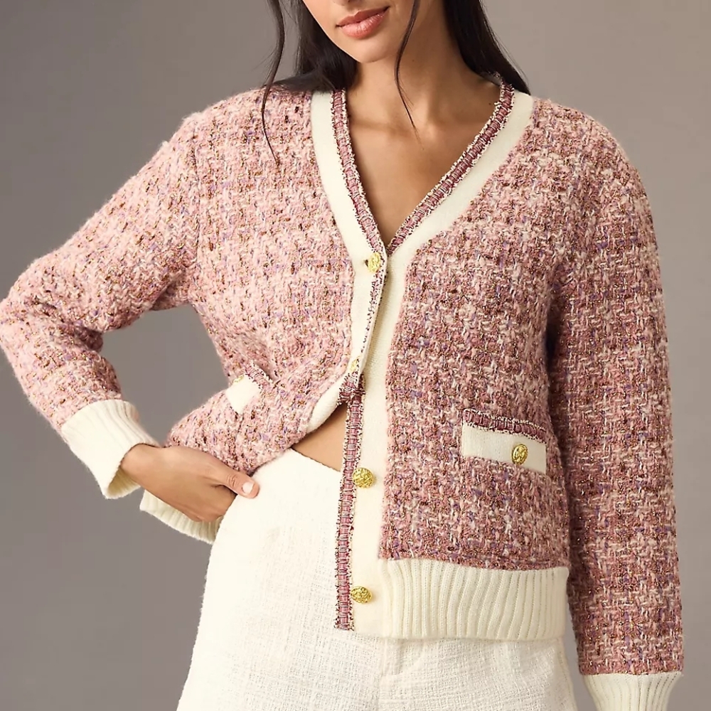 Anthropologie Maeve Pink Lurex Tweed "Coatigan" Cardigan Rare Sz Small